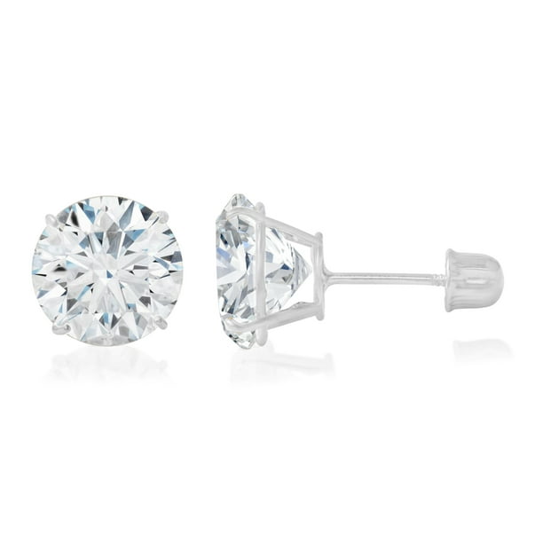 14k Gold Solitaire Round Cubic Zirconia CZ Stud Earrings in Secure Screw-backs 8mm 